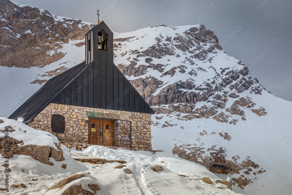 Church chapel and snowcapped Zugspitze, Garmisch Partenkirchen, Germany