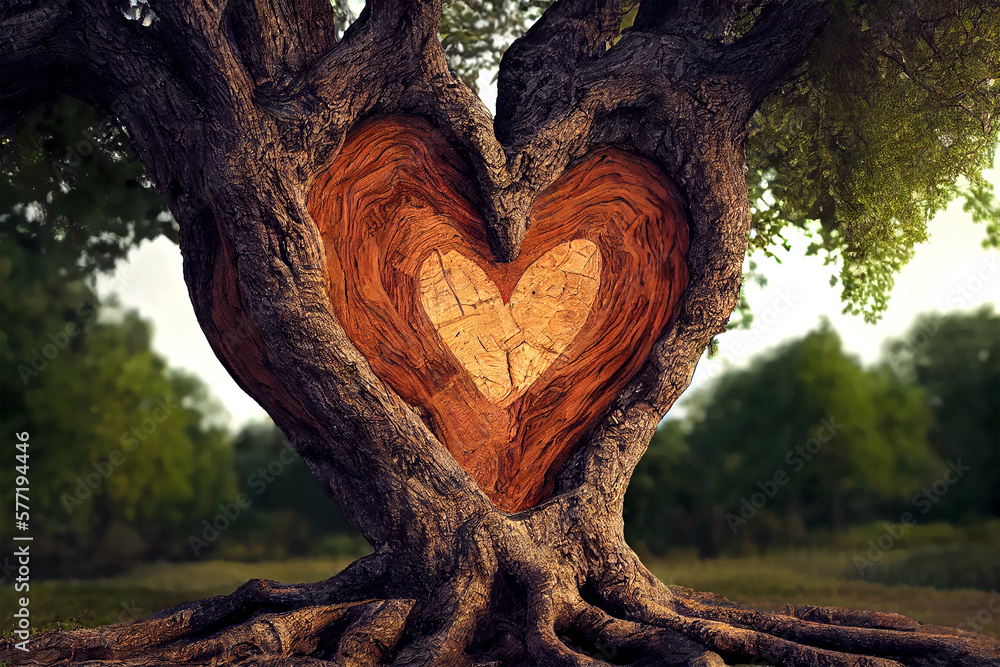 Tree with a carved heart generative ai illustration