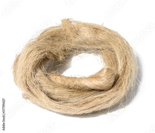 Coiled hemp rope on white background  fiber for plumbing work