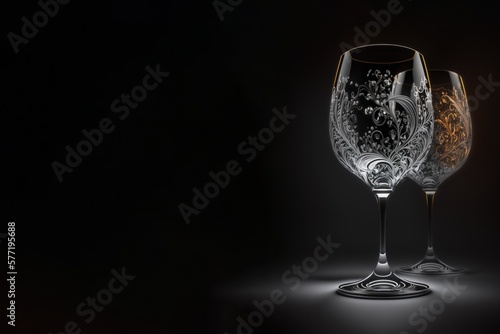 Two christall wine glasses at black background. Wedding, celebration or Valentine's day concept. Photorealistic image, studio light, copy spase. Generative AI
