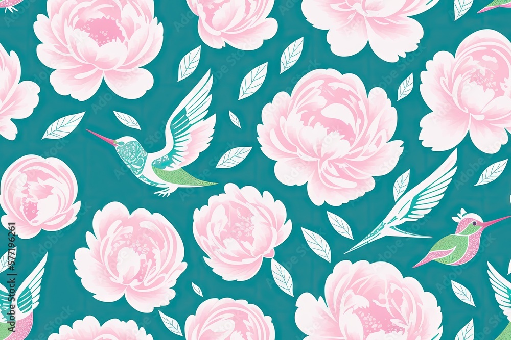 Seamless pattern of a beautiful peonies on pastel background, generative ai. Minimal flowers concept with no shadows. Abstract backdrop. Top view