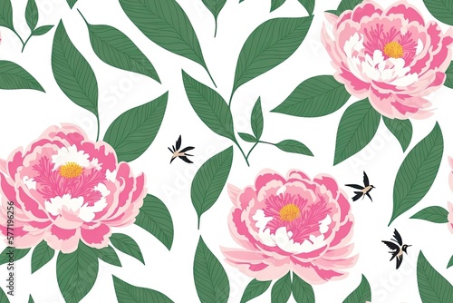 Seamless pattern of a beautiful peonies on pastel background  generative ai. Minimal flowers concept with no shadows. Abstract backdrop. Top view