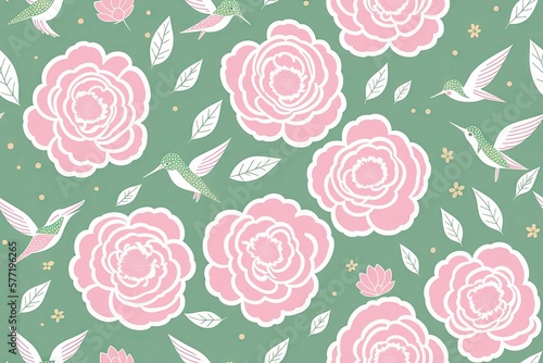 Seamless pattern of a beautiful peonies on pastel background, generative ai. Minimal flowers concept with no shadows. Abstract backdrop. Top view
