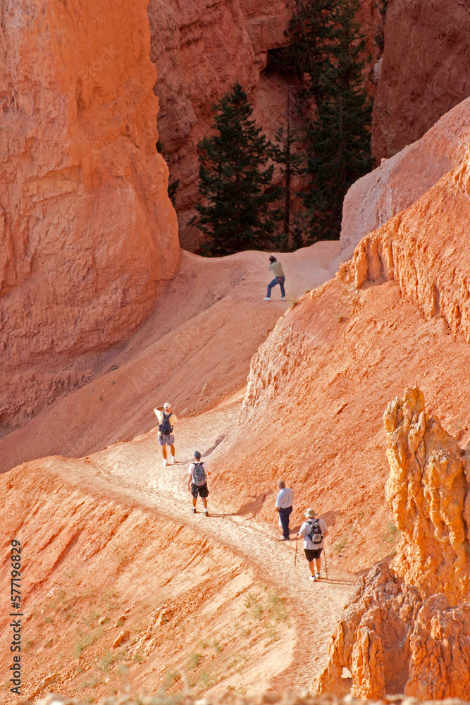 Hikers on Queens Garden trail, Bryce Canyon, Utah in early morning 