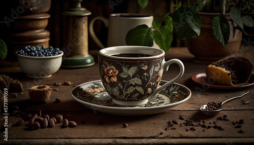 Vintage Porcelain Espresso Brown Cup with Dark Roasted Beans on Wooden Table - Cozy Coffee Shop Photography - Generative Ai