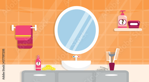 Vector illustration of a beautiful bathroom. Cartoon interior of a bathroom with a mirror, wash basin, towel, shelf with cosmetics, barrette, combs, hairpins.