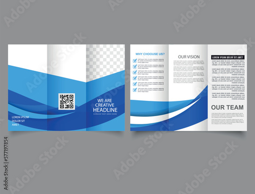 Trifold brochure with blue waves. Flyer design for advertising.
