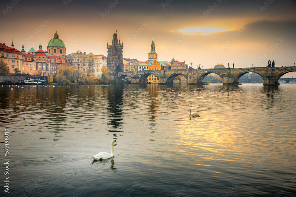 Panoramic view over the cityscape of Prague at dramatic dusk, Czech Republic