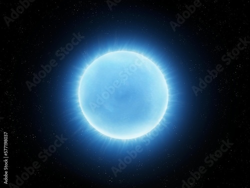 Blue giant star in deep space. Hot surface of a young star. Alien sun isolated on black background.