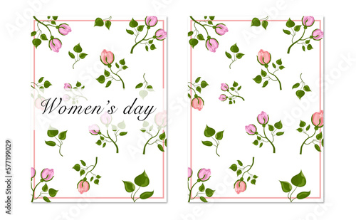 Postcard for Women's Day with roses in watercolor style. Vector graphics