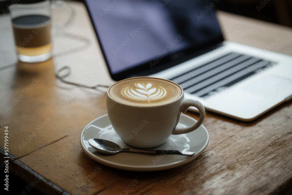 A cup of cappuccino, coffee and dessert for breakfast on a wooden table  with a laptop computer for work and accessories. Generative AI Stock Photo