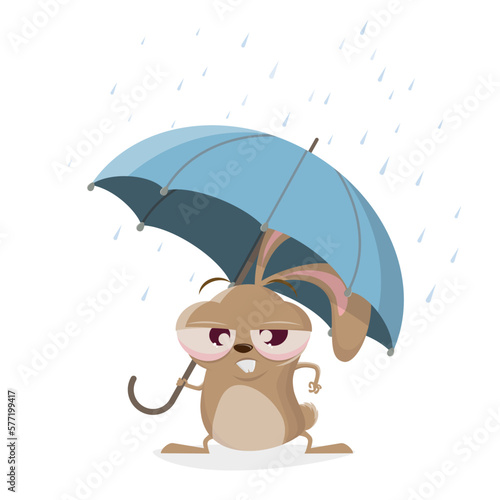 funny cartoon rabbit holding an umbrella on a rainy day