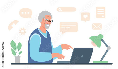 Elderly man working on laptop. Senior retired man using computer for communication, chatting in social media, freelance and online education. Vector illustration.