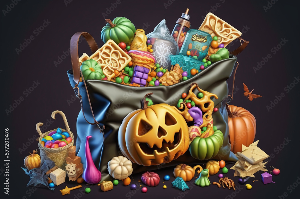 Halloween trick-or-treat bag with candy and decorations