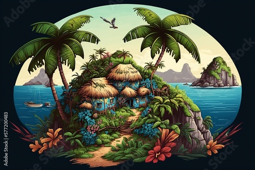 cartoon illustration, of a tropical island fringed with palm trees with thatch , generative ai photo