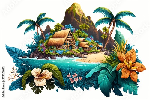 cartoon illustration  of a tropical island fringed with palm trees with thatch   generative ai