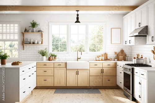 Scandinavian kitchen design with white cabinets and wood floors © Kiss