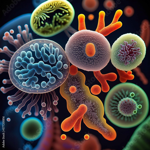 Illustration of bacteria of various types, shapes and colors under a microscope close-up on black, good biological background, unusual wallpaper
