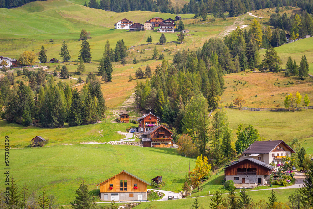 Alpine village in Val di Funes, South Tyrol trentino Alto Adige, Italy - obrazy, fototapety, plakaty 