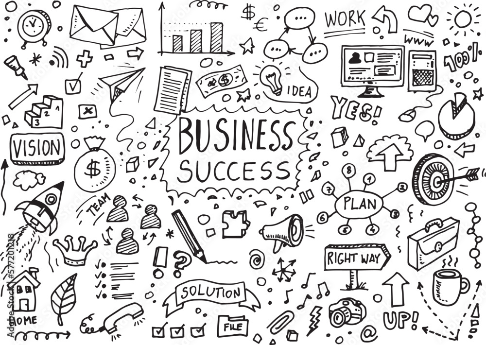 Business and success vector hand drawn doodles set, illustration on white paper