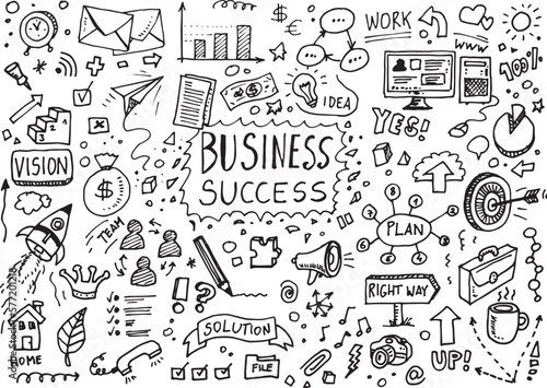 Business and success vector hand drawn doodles set, illustration on white paper