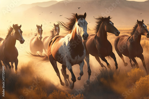 Papier peint Wild horses galloping across a sun-drenched plain AI generative