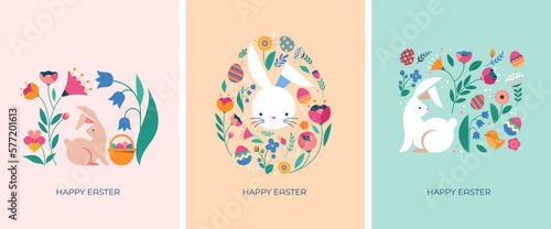 Happy Easter, decorated geometric style Easter cards, banners. Bunnies, Easter eggs, flowers and basket. Modern minimalist design