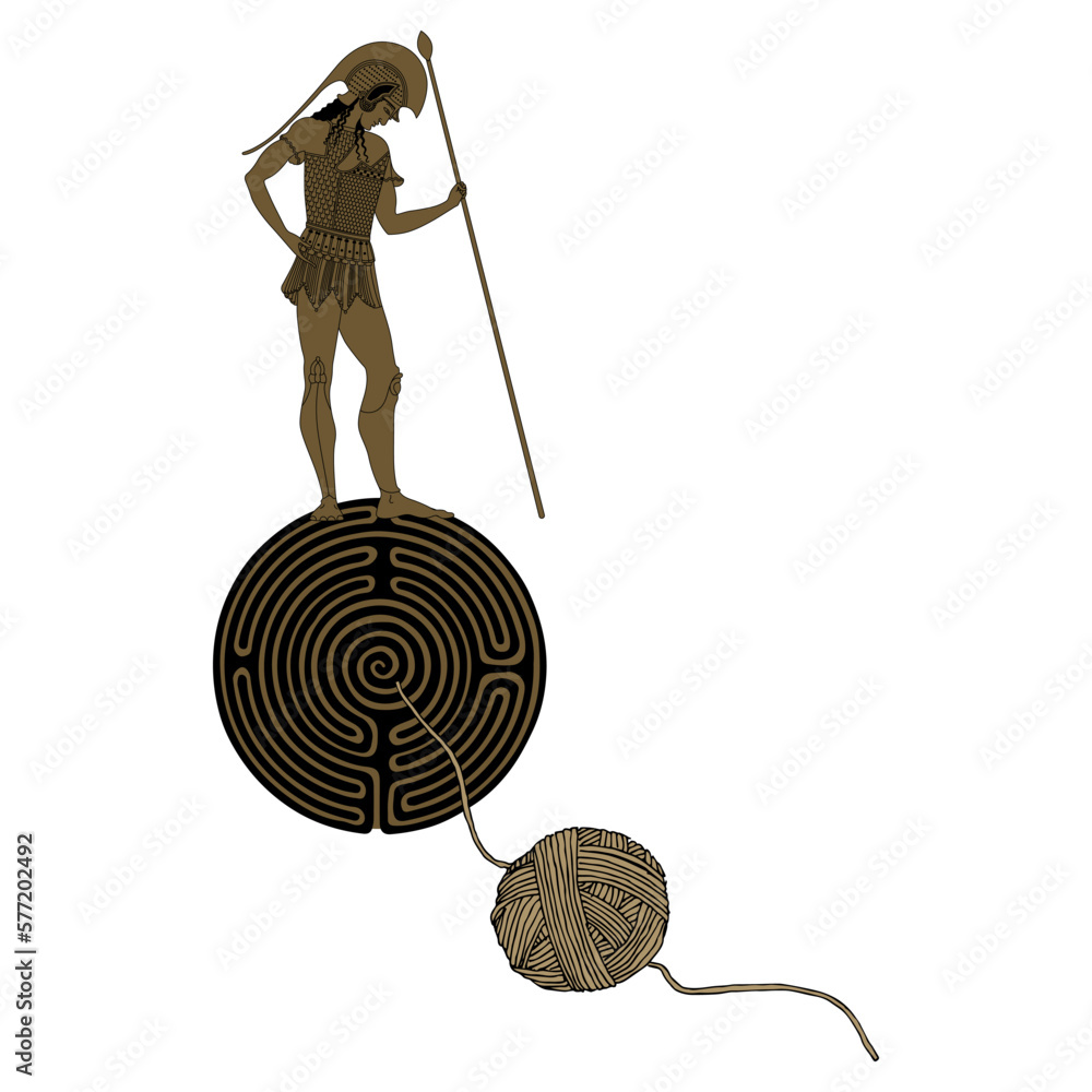 Ancient Greek soldier with a spear standing on a round spiral maze or ...