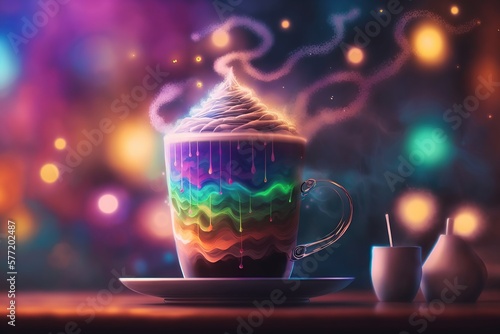 delicious hot coffee in a fantasy world, colorful waves in bokeh background