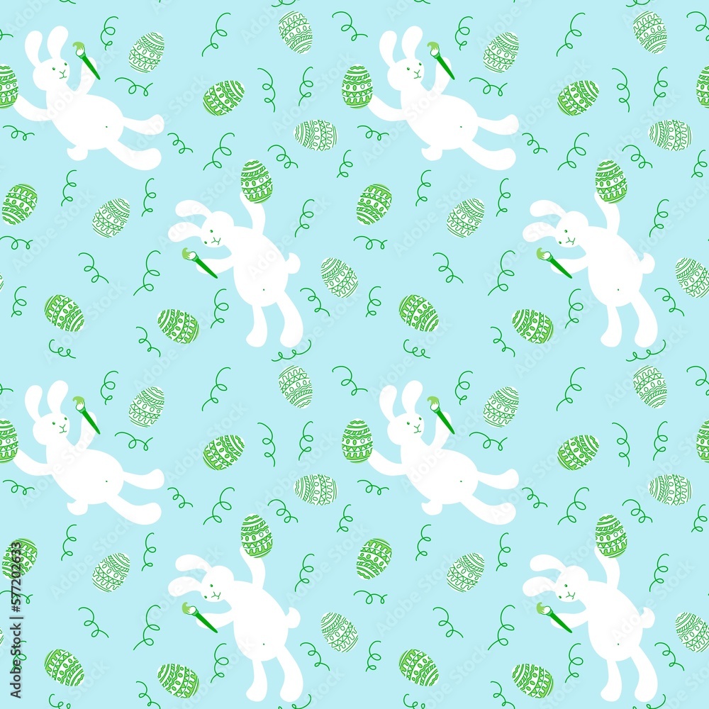 Fototapeta premium Cartoon animals seamless Easter eggs and rabbit and paint bunnies pattern for wrapping paper and kids clothes print