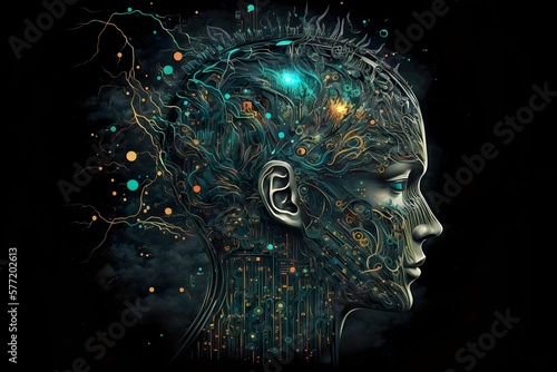 Abstract Robotic Brain Illustration With Human. Generative AI