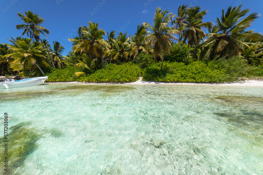 Boat and tropical beach in caribbean sea, Saona island, Dominican Republic