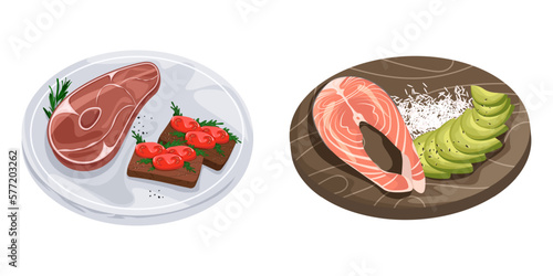 A plate of food with meat, fish and vegetables on it