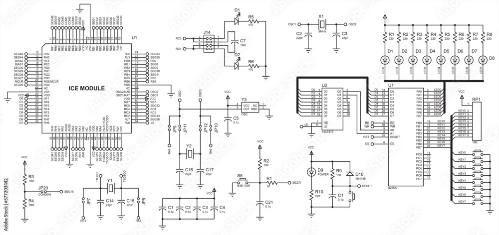 Vector electrical schematic diagram of a digital
electronic device with led indicators, operating under the control of a microcontroller.
Technical (engineering) drawing.