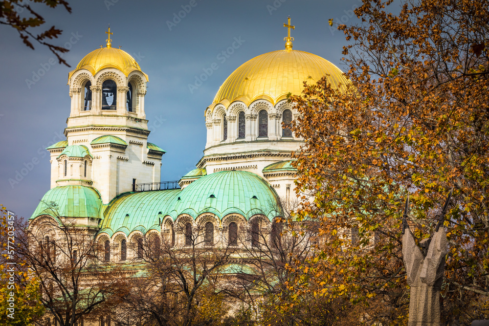 Alexander Nevski cathedral square in Sofia at dramatic autumn sunset, Bulgaria