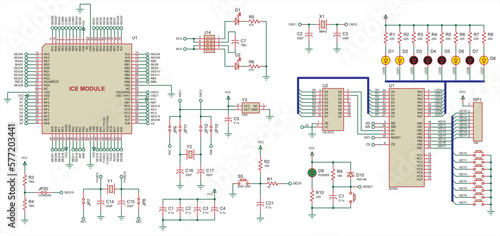 Vector electrical schematic diagram of a digital
electronic device with led indicators, operating under the control of a microcontroller.
Technical (engineering) drawing.