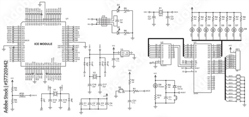 Vector electrical schematic diagram of a digital
electronic device with led indicators, operating under the control of a microcontroller.
Technical (engineering) drawing.
