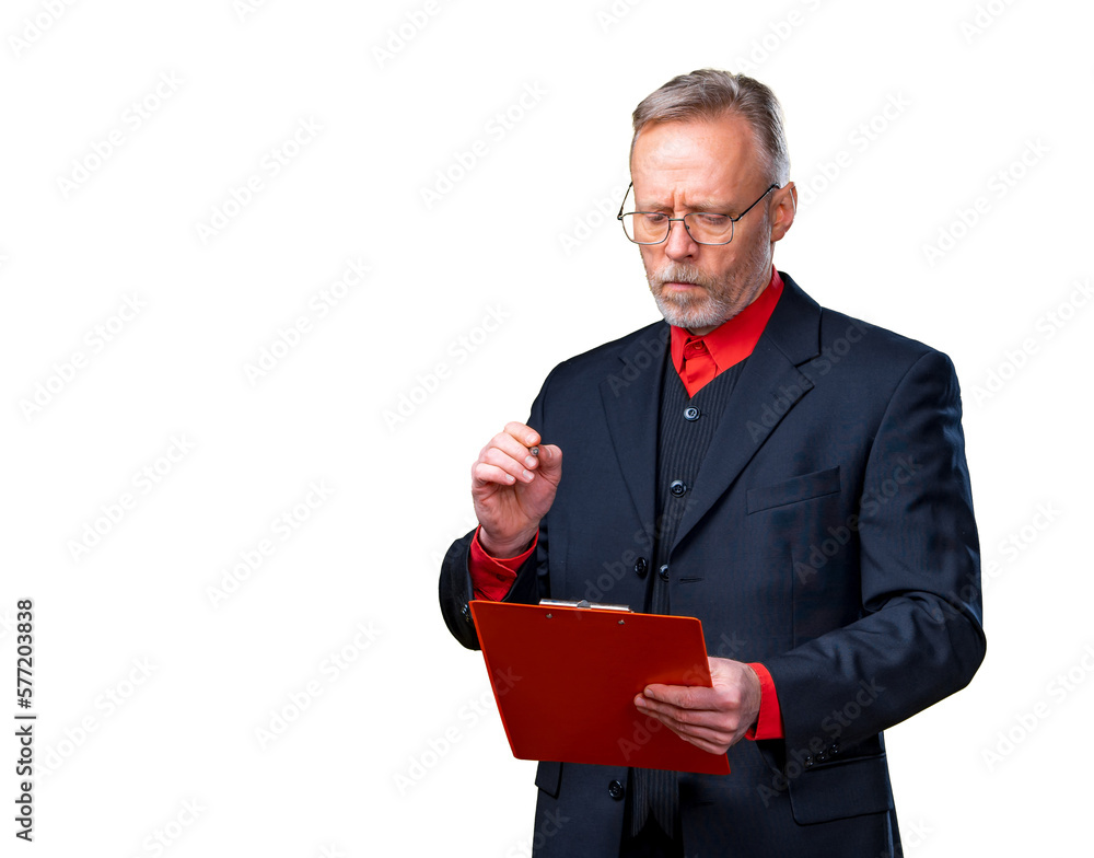 old man in glasses with documents, folder, confident businessman. reading contract old man in glasses with documents, folder, confident businessman. reading contract