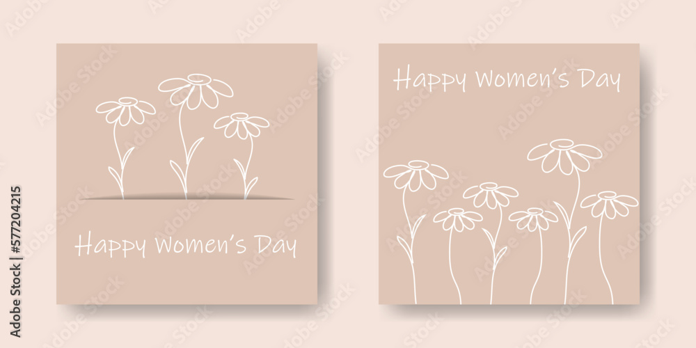 Set of cute vector greeting cards for women's day. .Collection of backgrounds with minimalistic line drawing flowers. Set of cute vector greeting cards for women's day. .Collection of backgrounds with minimalistic line drawing flowers.