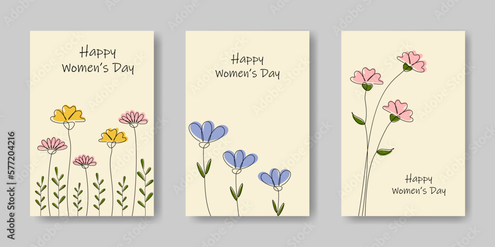 Set of vector greeting cards for women's day. .Collection of backgrounds with minimalistic line drawing flowers.