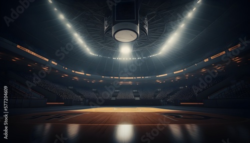 Empty basketball court or basketball arena, with flod lights with no people, Empty basketball sports arena , generative ai photo