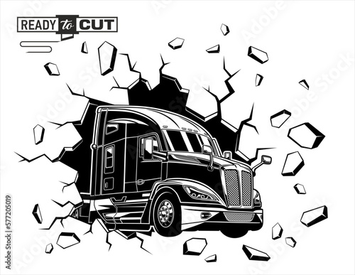  Classic american semi truck. Isolatet vehicle with crashed wall, hole crash on white background. Ready for printing and cutting for printing and cutting (Cricut, Silhouette, Cameo). 