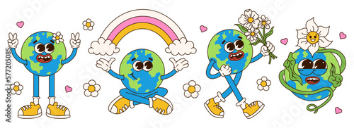 Retro earth cartoon character.  Earth Day. Save planet  conception. World Environment Day. Trendy groovy 70s style illustration. Vector funny illustration. 
