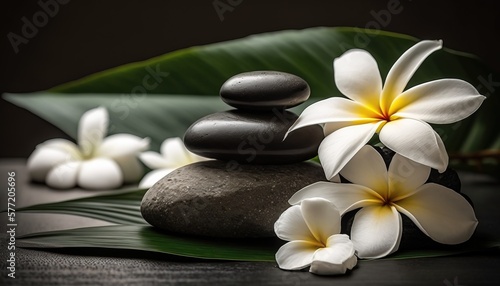 spa or meditation massage therapy center banner of white plumeria white flowers and stack of black stones - Generative AI
