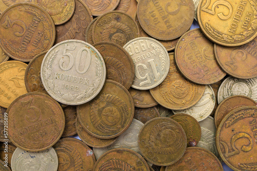 Soviet coins close up. USSR coins, top view. Old coins for numismatics. Historical heritage. Background photo