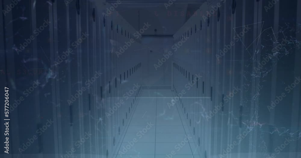 Animation of cyber security data processing over empty computer server room Animation of cyber security data processing over empty computer server room