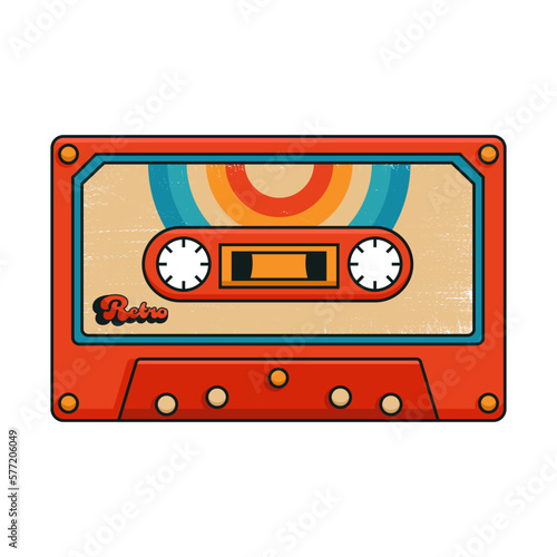 Cassette with retro label as vintage object for 80s revival mix tape design  party poster or cover. Realistic vector sign or icon