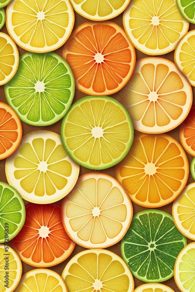 illustration, round slices of citrus in a pattern suitable for use,generative ai