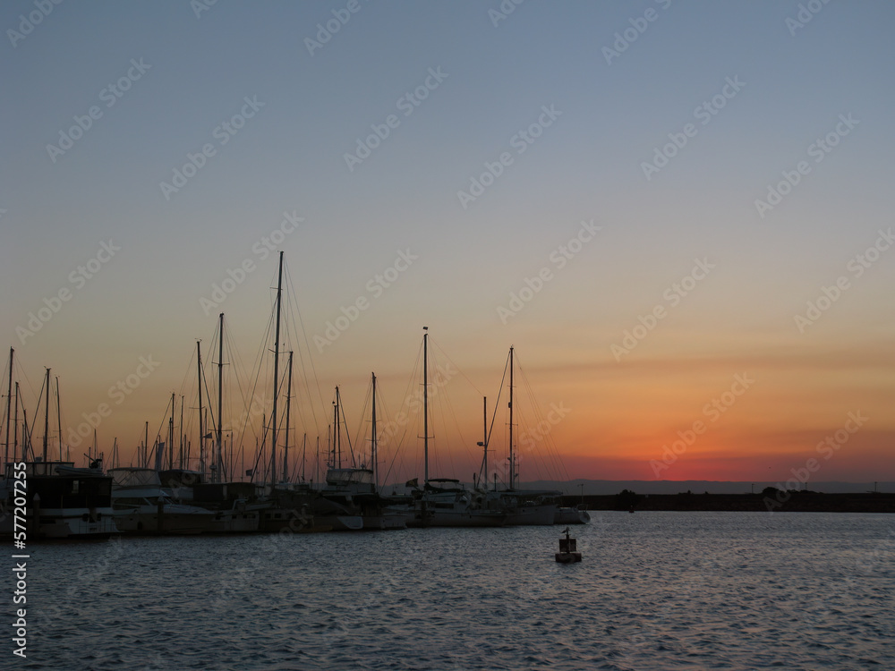 Marina with docked yachts at sunset, Scarborough Marina Brisbane