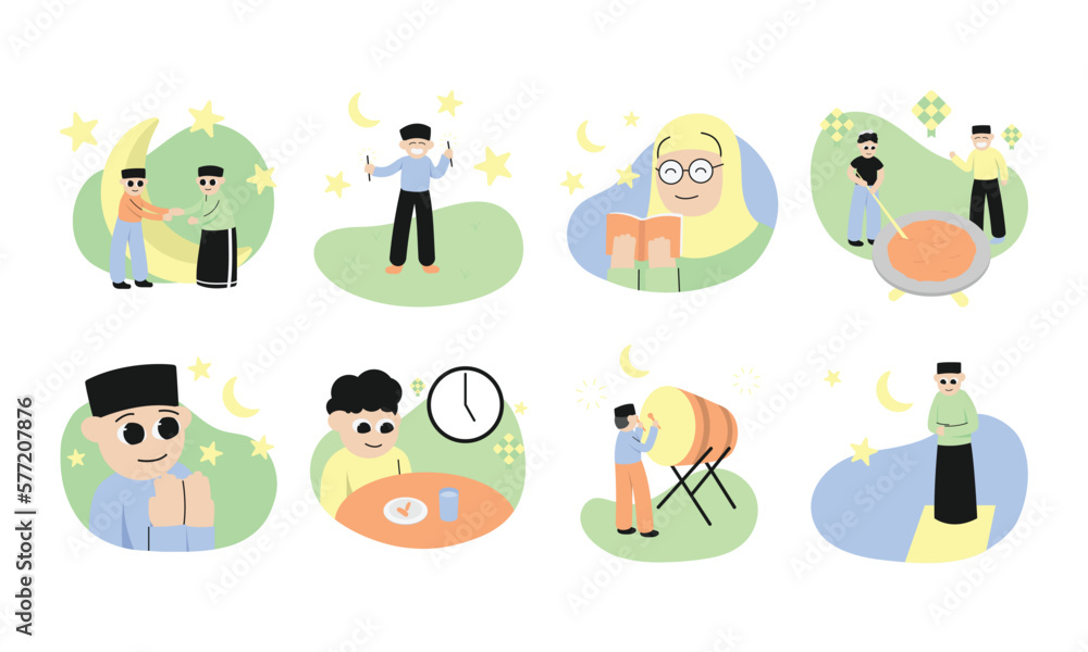 Fototapeta premium Flat vector illustration set of Ramadan and Eid Al-Fitr activities and traditions. A comprehensive collection of colorful character scenes depicting various Muslim people